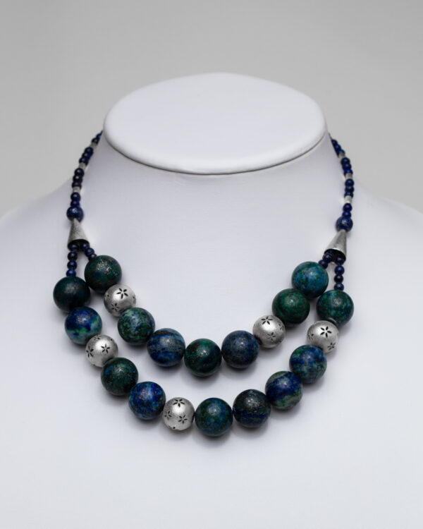 Azurite Malachite with Silver Beaded Necklace - Jane Orton Jewellery