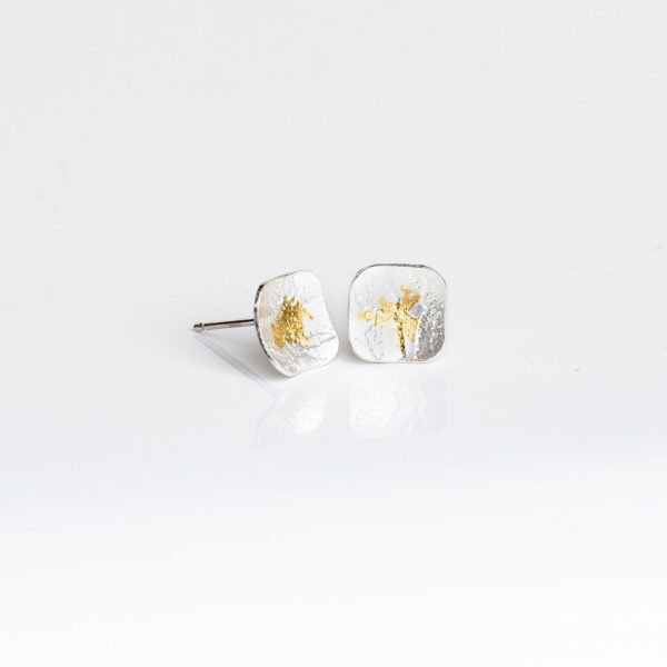 Sterling silver stud square domed earrings lace texture with gold Keum