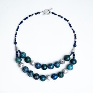 Azurite beads chunky necklace with silver beads and cones