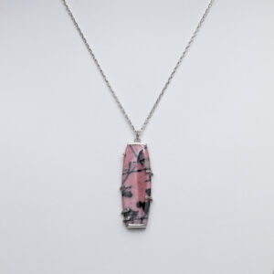 Pink and Black Rhodonite Gem stone pendant set in silver necklace