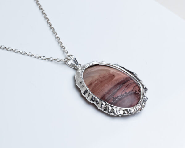 Mibres Picture Jasper pink and wine colours with textured Sterling Silver Pendant Necklace