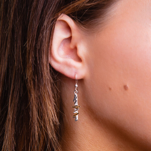 Geometric pattern silver with gold dangle earrings