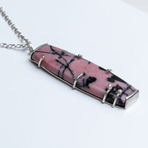 Pink and Black Rhodonite Gem stone pendant set in silver necklace