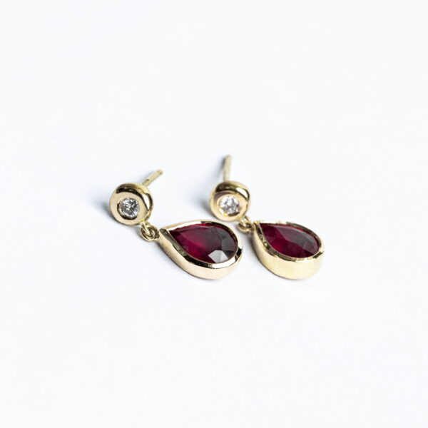 Handmade Ruby and Diamond Dangle Drop 18ct yellow gold earrings