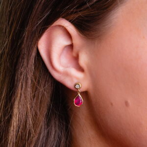 Handmade ruby and Diamond Dangle Drop 18ct yellow gold earrings by Jane orton