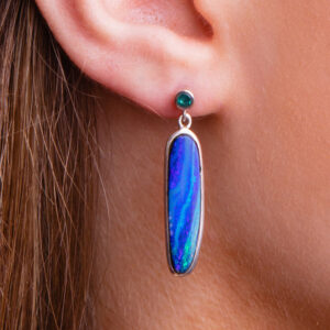 Blue opL and diamond dangle earrings with silver